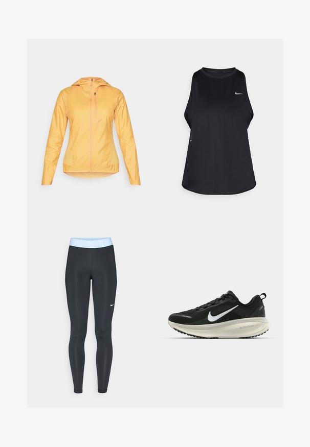 Lengvas, su užtrauktuku užsegamas šviesiai geltonas švarkas. Turi gobtuvą, ilgus rankovėmis ir dvi šonines kišenes. Lygus paviršius ir elegantiškas dizainas.; Juodas be rankovių bėgimo marškinėliai, pagaminti iš lengvos medžiagos, su apvalia kaklo iškirpte; turi subtilų logotipą ir šoninius plyšius, kad būtų užtikrinta oro cirkuliacija.; Juodos sportinės legging'os su šviesiai mėlynu juosmeniu, ant kurio užrašyta "NIKE PRO"; glotni tekstūra ir prigludusi forma. Balta Nike logotipas kairėje pusėje.; Juodas Nike sportinis batelis su kvėpuojančiu tinklu, baltu swoosh logotipu, tekstūruoto dizaino detalėmis ir grietinėlės spalvos ZoomX viduriu.