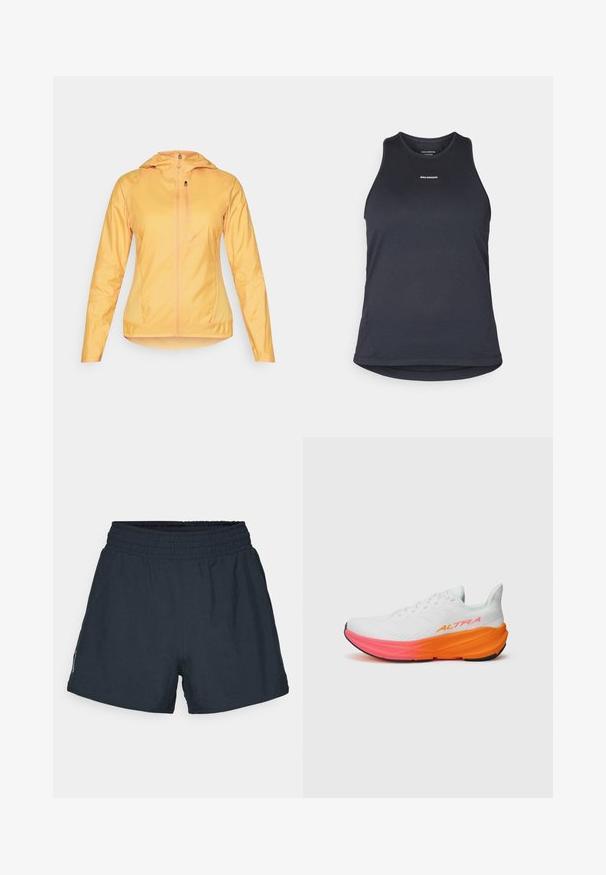 Casaco leve com fecho éclair na cor amarela brilhante. Possui capuz, mangas longas e dois bolsos laterais. Textura suave e design elegante.; Top desportivo cinza escuro feito de tecido texturizado; possui um decote redondo e a marca "SALOMON" impressa a branco na parte da frente.; Calções atléticos de um tom azul marinho escuro, feitos de um tecido leve. Cintura elástica, corte solto e sem bolsos ou padrões visíveis.; Shoe atlético branco com um cabedal texturizado, apresentando uma sola em degradê colorido nas cores laranja e rosa, e um logótipo em destaque na lateral.