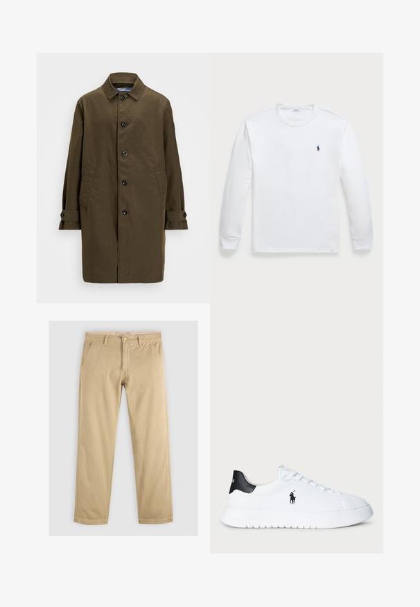 Olivi vihreä takki suoralla leikkauksella, nappisulkimella, sivutaskuilla ja säädettävillä hihansuilla. Valmistettu sileästä, kevyestä kankaasta.; Pitkähihaisen valkoisen t-paidan, joka on valmistettu puuvillasta, ominaisuuksia ovat pyöreä kaula-aukko ja pieni laivastonsininen logo vasemmassa rinnassa. Silkkinen rakenne, yksinkertainen muotoilu.; Khaki chinos suoran lahkeiden kanssa, jossa on kaksikymmentä etutaskua ja vyötärö, jossa on vyölenkit. Valmistettu pehmeästä ja kestävästä puuvillakankaasta.; Valkoiset matalat tennarit, joissa musta kantapää ja musta Polo Ralph Lauren -logo sivulla, varustettuna valkoisilla nauhoilla ja paksulla kumipohjalla.