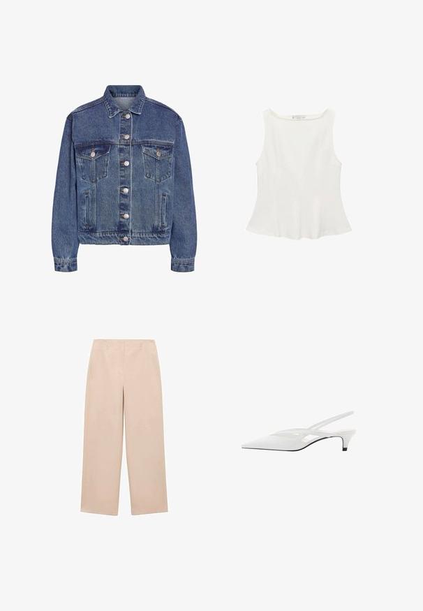 Klasična plava traper jakna s gumbima sprijeda, dva džepa na prsima i bočnim džepovima. Ima ovratnik, duge rukave i vidljivo šivanje.; Bijela bez rukava majica s okruglim izrezom, blago šireg kroja i glatke teksture, izrađena od lagane tkanine. Jednostavan dizajn bez uzoraka.; Bež hlače širokih nogavica izrađene od glatkog materijala, s ravnim prednjim dijelom i petljama za remen, bez vidljivih uzoraka ili ukrasa.; Bijela slingback potpetica s oštrom punta, koja ima glatki gornji dio, suptilne izreze i nisku blok potpeticu. Crna potplata naglašava dizajn.