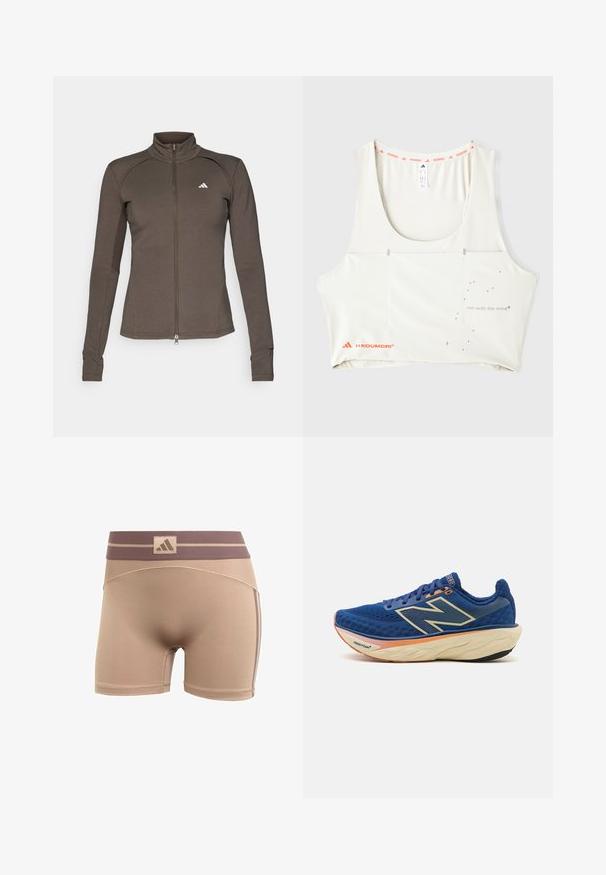 adidas Performance TRAINING COVER-UP - Træningsjakke - shadow olive; Hvid atletisk tanktop med scoop-udskæring, orange brandet trim og metallisk trykt tekst "løb med sindet." Har minimalistiske designelementer.; adidas Performance HYPERGLAM - Tights - chalky brown earth strata; Blå løbesko med en åndbar mesh-overdel, polstret krave og en dæmpet sål med orange detaljer. "Fresh Foam" branding synlig.