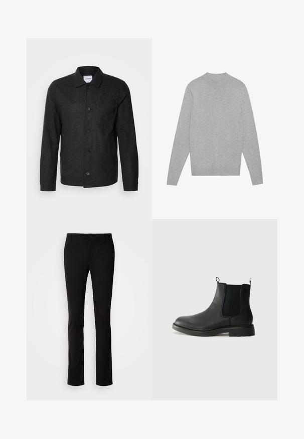 Lindbergh CROPPED LENGTH OVERSHIRT JACKET - Tunn jacka - black melange; Ljusgrå långärmad tröja med rund hals, med ribbadkrage, manschetter och nederkant, liggande platt på en vit bakgrund.; Svarta byxor i slät väv, med knappstängning, bältesbälten och rak bendesign. Inga synliga mönster eller detaljer.; Svarta läder Chelsea-boots med elastiska sidopaneler, dragflikar, rundad tå och texturerad gummisula. Slät yta och robust design.