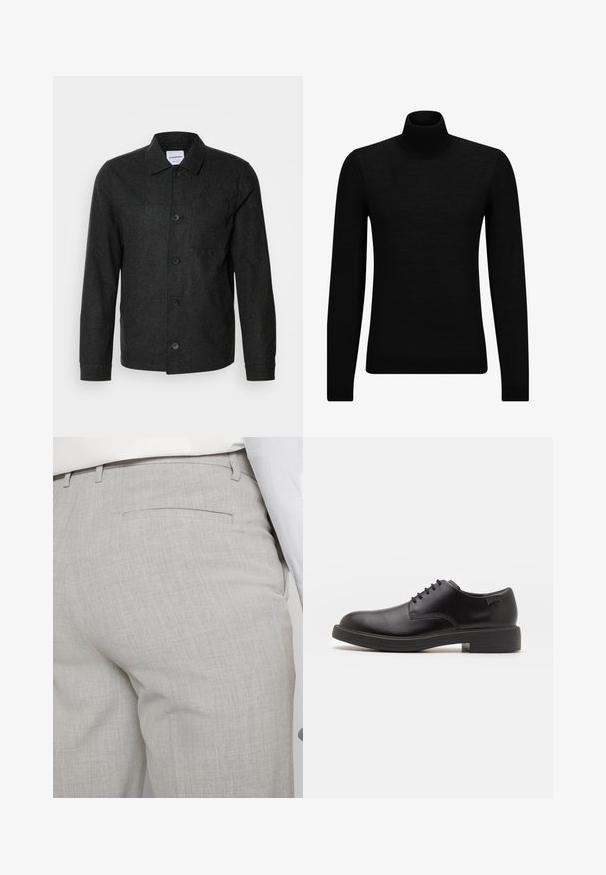 Lindbergh CROPPED LENGTH OVERSHIRT JACKET - Skraistė - black melange; Juodas aukšto kaklo megztinis, pagamintas iš minkštos medžiagos, su ilgomis rankovėmis ir prigludusia forma. Su raukiniais apačioje ir rankogaliuose. Paprastas dizainas.; Šviesiai pilkos spalvos pritaikytos kelnės iš faktūrinės medžiagos, turinčios vieną užpakalinę kišenę ir tvarkingus siūlus.; Juodas odinis batų modelis su raišteliais, apvaliu nosiu, lygiu paviršiumi, minimaliai siuvinėjimu ir žemu guminėmis pakulne. Ant pakulnės šalia logo.