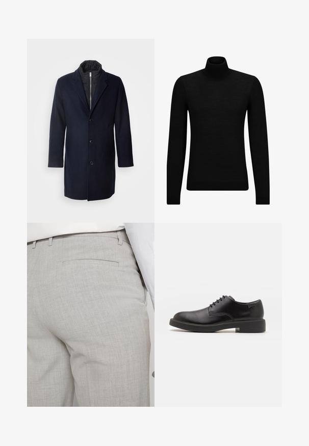 Marinblå kappa i ullblandning med slagkrage, fem framknappar, sidofickor och en svart isolerad foder. Halvlång design.; Svart polotröja gjord av mjukt material, med långa ärmar och en åtsittande passform. Ribbat avslut vid fåll och ärmslut. Enkelt mönster.; Ljusgrå skräddarsydda byxor av texturerat tyg med en enda bakficka och rena sömmar.; Svart läder snörsko med rund tå, slät yta, minimal söm och låg gummihäl. Logotyp på hälen.