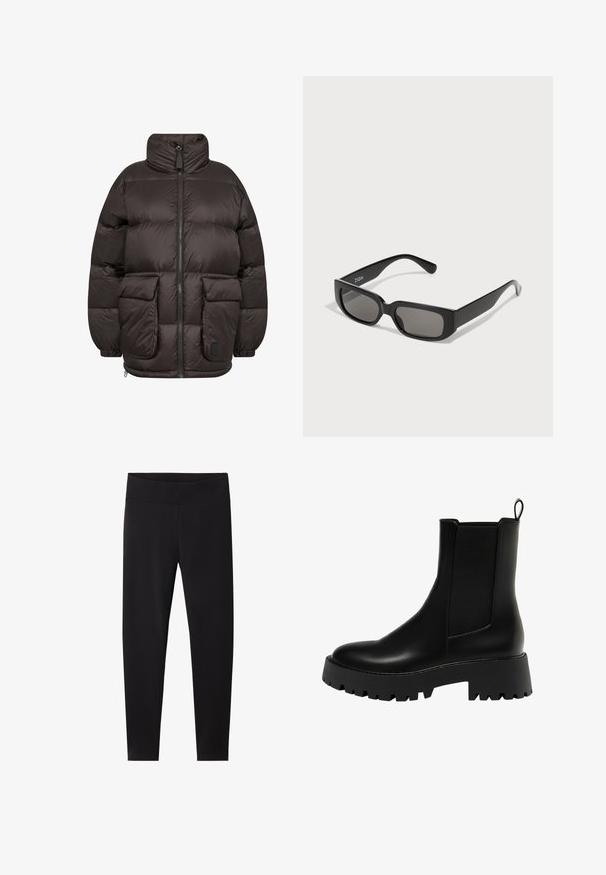 Doudoune de couleur marron foncé, avec un col haut, une fermeture éclair à l'avant et deux grandes poches à rabat avec une texture matelassée.; Pull en maille gris foncé avec une coupe oversize, présentant un motif géométrique crème de cercles et de rectangles. Conception à col montant.; Leggings noirs avec une large ceinture élastique. Fabriqués dans un matériau lisse et extensible, ajustés pour une silhouette cintrée et sans motifs visibles.; Bottine en cuir noir avec un panneau latéral texturé, bout rond et semelle épaisse à motif de bande de roulement en zigzag.; Lunettes de soleil rectangulaires noires avec des verres teintés gris, fabriquées en plastique lisse. Présente un design minimaliste avec des branches droites et un branding subtil.; Sac hobo en cuir noir au design décontracté, avec une large bandoulière et une texture lisse. Dispose d'une fermeture éclair unique sur le côté.