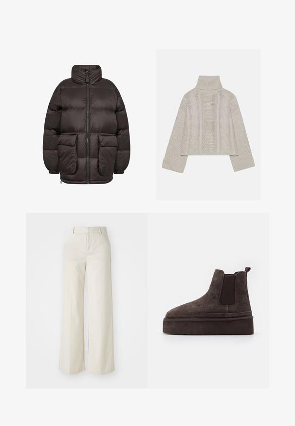 Pufasta jakna v temno rjavi barvi, z visokim ovratnikom, sprednjim zadrgo in dvema velikima žepoma s poklopcem ter quiltano teksturo.; Kratka, svetlo siva pletena pulover s visokim ovratnikom in rebrastimi manšetami, ki ima strukturne kabelske vzorce po hrbtu in straneh.; Široke hlače v svetlo bež barvi, izdelane iz gladkega materiala. Imajo klasičen pas in ravno sprednjo stran z čistimi linijami.; Rjave semiš Chelsea čizme z elastičnimi stranskimi paneli in debelim, teksturiranim platformnim podplatom. Imajo zanko na peti za lažje oblačenje.