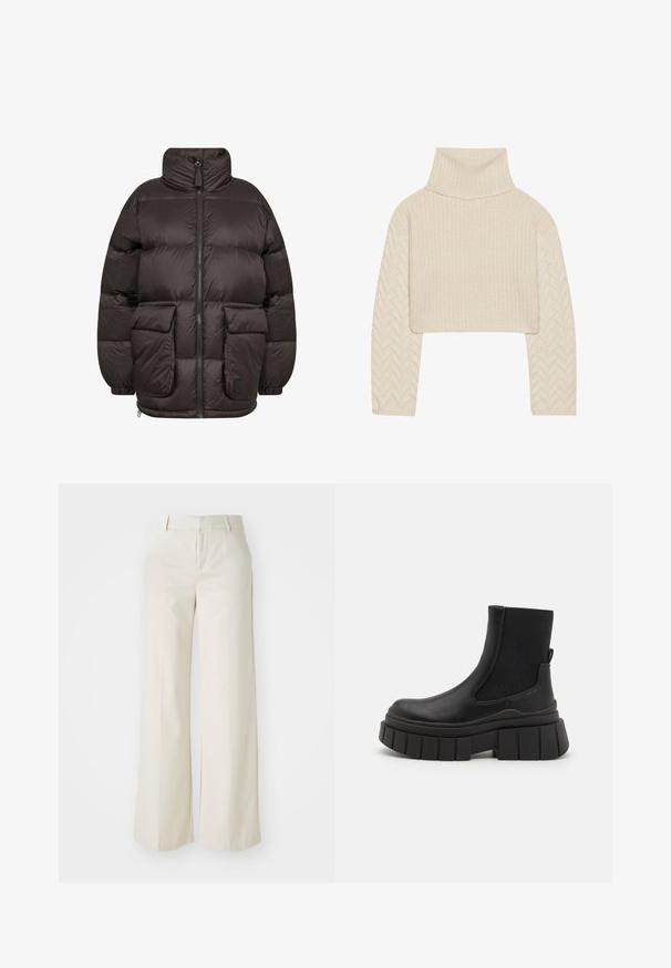 Tums pūkainās jakas tumši brūnā krāsā, ar augstu apkakli, priekšējo rāvējslēdzēju un divām lielām kabatām ar atloku, ar kvilts rakstu.; Krēmbalti cropped džemperis ar augstu kakla izgriezumu, ar teksturētu adījumu un zāģu zobiņu raksta piedurknēm. Izgatavots no mīksta dzijas materiāla.; Platas kājās bikses gaisā bežā krāsā, izgatavotas no gludas auduma. Iezīmē klasisku jostasvietu un plakanu priekšpusi ar tīrām līnijām.; Melnas potītes zābaki, kas izgatavoti no gludas ādas ar elastīgām sānu daļām, masīvu platformas zoli un teksturētu zoles dizainu.