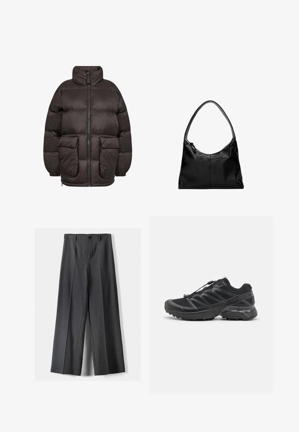 Daunenjacke in Dunkelbraun, mit hohem Kragen, Frontreißverschluss und zwei großen Klappentaschen mit gestepptem Muster.; Weißes Kurzarm-T-Shirt mit Rundhalsausschnitt, aus glattem Baumwollstoff, in lässigem Schnitt ohne Verzierungen oder Muster.; Weite Beinhosen aus dunkelgrauem Stoff mit Knopfverschluss, vorderen Falten und Gürtelschlaufen. Glatte Textur mit maßgeschneidertem Design.; Schwarzer Laufschuh mit Obermaterial aus Mesh und Synthetik, flexibler Sohle und elastischen Schnürsenkeln. Verfügt über eine gepolsterte Zwischensohle für zusätzlichen Komfort.; Schwarze Leder-Umhängetasche mit glatter Textur, geschwungenem oberen Rand und einem einzigen Tragegurt. Sie verfügt über einen Reißverschluss und ein minimalistisches Design.