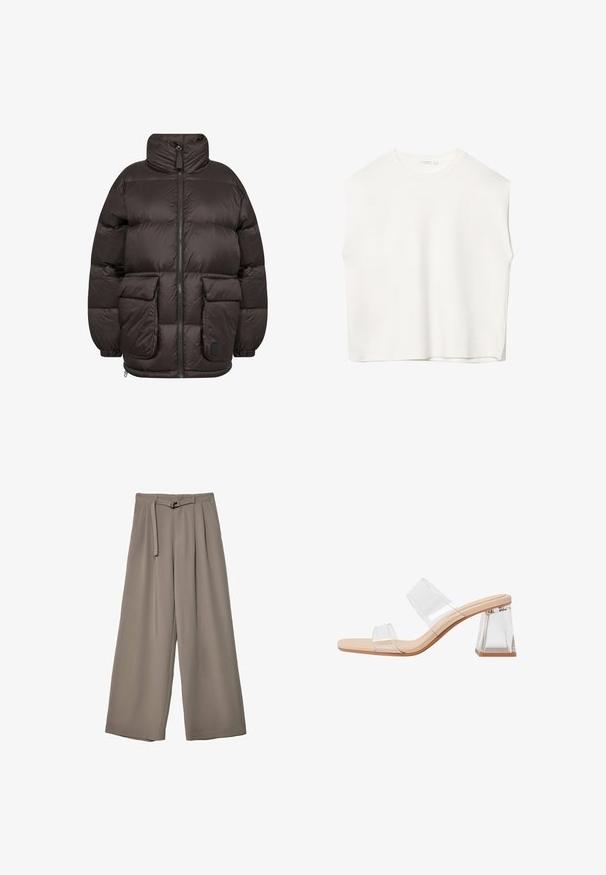 Puffjakke i mørkebrun, med høj krave, frontlynlås og to store klaplommer med en quiltet struktur.; Hvid ærmeløs top med en afslappet pasform, rund halsudskæring, glat tekstur og lige kant. Simpelt design uden mønstre eller hardware.; Vide ben bukser i et blødt, afdæmpet grå stof, med en bælte i taljen og plisseringer for ekstra designdetalje. Glat tekstur, ingen mønstre.; Gennemsigtige hæle-sandaler med to klare remme, en beige bund og en geometrisk klar blokhæl. Minimalistisk design med glat overflade.