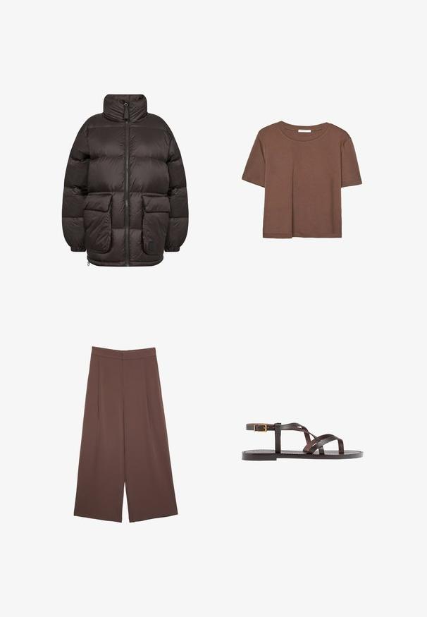 Puffjacka i mörkbrunt, med hög krage, framdragkedja och två stora fack med klaff, med en quiltad struktur.; Brun kortärmad t-shirt i mjukt tyg, med rund halsringning och avslappnad passform. Inga synliga mönster eller detaljer.; Bruna vida byxor med en slät textur, som har hög midja och framfickor. Tyget är lätt och flödar löst.; Bruna lädersandaler med korsade remmar, spänne runt vristen och en platt sula med minimala sömnadsdetaljer.