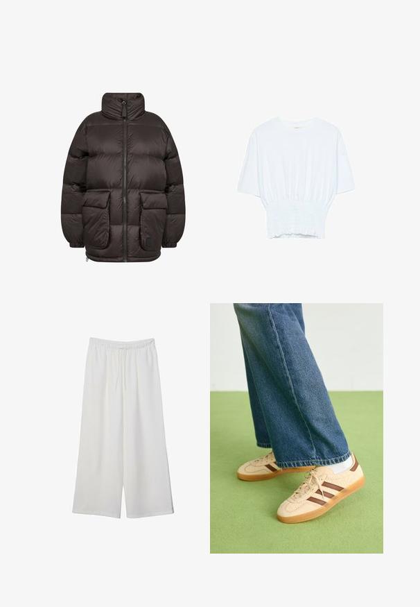 Puffjacka i mörkbrunt, med hög krage, framdragkedja och två stora fack med klaff, med en quiltad struktur.; Vit kortärmad t-shirt med avslappnad passform och smockad textur vid midjan. Tillverkad av mjukt, lätt material.; Vita vida byxor i lätt tyg med elastisk midja och dragsko för justerbar passform. Mjuk textur.; Beiga sneakers med strukturerade krämfärgade paneler och bruna ränder, i kombination med blå denimjeans. Jeansarna har vida ben och fransad fåll.