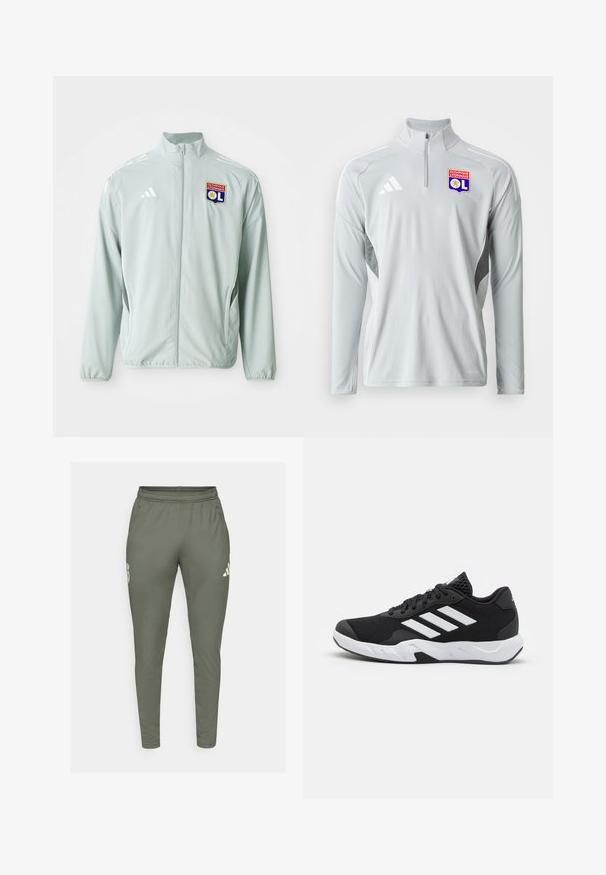 Jasnozielona sportowa kurtka z stójką, z białymi paskami adidas oraz logo Olympique Lyonnais na lewej piersi.; Jasnoszary długi rękaw sportowy pulower z półzamkiem, z białymi akcentami po bokach i haftowanym logo Olympique Lyonnais.; Oliwkowe spodnie dresowe o slim fit, z elastycznym pasem i bocznymi kieszeniami. Posiadają logo na lewym udzie oraz kontrastowe akcenty.; Czarne buty sportowe z teksturowaną siateczką u góry, białymi paskami akcentującymi, amortyzującą podeszwą i wzmocnionym piętą dla wsparcia.