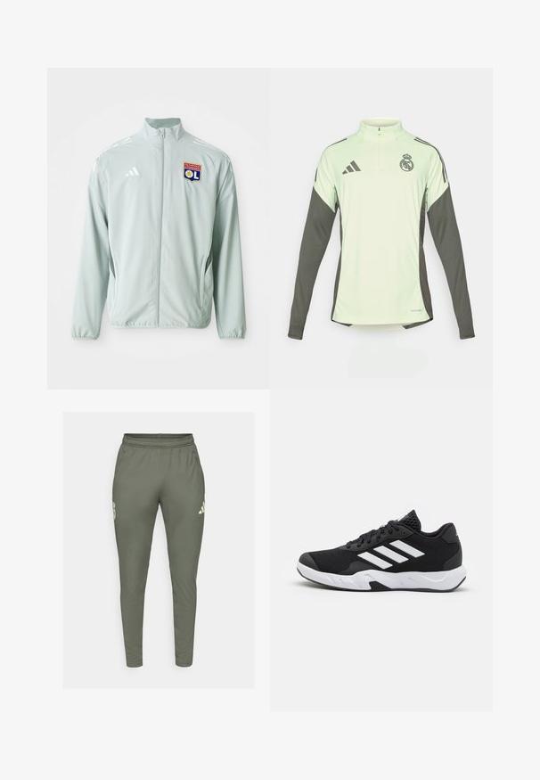 Jasnozielona sportowa kurtka z stójką, z białymi paskami adidas oraz logo Olympique Lyonnais na lewej piersi.; Jasnozielona, długorękawowa koszulka z ciemnoszarymi akcentami, z półzamkiem przy dekolcie oraz logo Real Madrid. Wykonana z oddychającego materiału.; Oliwkowe spodnie dresowe o slim fit, z elastycznym pasem i bocznymi kieszeniami. Posiadają logo na lewym udzie oraz kontrastowe akcenty.; Czarne buty sportowe z teksturowaną siateczką u góry, białymi paskami akcentującymi, amortyzującą podeszwą i wzmocnionym piętą dla wsparcia.