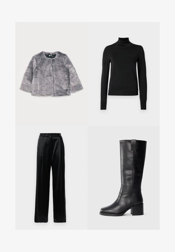 Grå faux fur jakke med en boksformet silhuet, rund udskæring og frontlukning. Har horisontale quiltede linjer og en blød tekstur.; Sort langærmet turtleneck sweater med ribbede manchetter og kant, vist på en simpel hvid baggrund.; Sorte satinbukser med høj talje, lige brede ben, bæltestropper og flad lukning på en ensfarvet hvid baggrund.; Sorte læderknæhøje støvler med en glat tekstur, firkantet tå, blokhæl og sideløkke, der har minimale syninger.