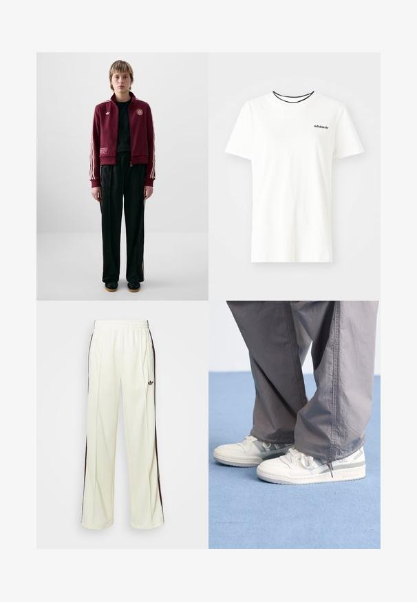 Bordeaux hettejakke med hvite striper på ermene, merke på brystet, kombinert med svarte vide bukser og svarte sko med gummisåler.; Hvit bomull t-skjorte med korte ermer og rund hals. Har en svart Adidas-logo på brystet og en kontrasterende svart indre krage.; Kremfargede joggebukser med en avslappet passform, som har mørkebrune sidestriper og en brodert logo på venstre lår.; Hvite sneakers med lysegrå detaljer og teksturert lær, kombinert med løse grå bukser, vist på en blå overflate.