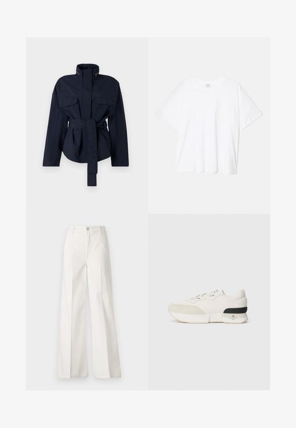 Marineblå belted jakke laget av et glatt stoff, med to brystlommer, høy krage og en avslappet passform med innsnevret midje.; Hvit bomulls t-skjorte med korte ermer, rund hals, avslappet passform og sydd kant. Merke synlig på innsiden av halsen.; Hvite vide bukser laget av bomull med en glatt tekstur. Har en frontknapp, glidelåsgylf og fire lommer.; Hvite sneakers med en teksturert ser ut som en suede tåhette, glatt mesh-overdel, dekorative snørebånd og en svart gummihælaccent.