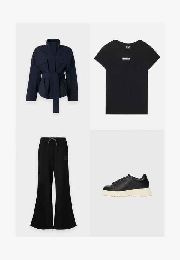 Navy belted jacket made of a smooth fabric, featuring two chest pockets, a high collar, and a relaxed fit with a cinched waist.; Black short-sleeve T-shirt made of cotton, featuring a white rectangular logo patch labeled "EA7" on the front chest area.; Black flared sweatpants with an elastic waistband and drawstring. Features logo detail on the side and smooth fabric texture.; Black leather sneaker with a textured finish, featuring round toe, six black eyelets, and a white rubber sole with grooves.