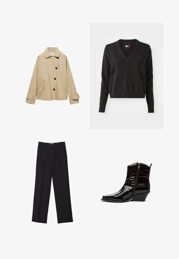 Giacca di cotone beige con ampio colletto, maniche lunghe, bottoni neri e tasca frontale; vestibilità rilassata e cuciture minime.; Maglione nero a V realizzato in morbido materiale a maglia. Presenta maniche lunghe e un piccolo logo sul lato sinistro del petto. Polsini e orlo a costine.; T-shirt bianco a maniche corte in tessuto morbido. Presenta un collo rotondo e un design semplice e pulito con un orlo dritto.; Pantaloni neri su misura con design a gamba dritta, caratterizzati da doppie pince, una texture liscia e dettagli discreti sulle cuciture frontali.; Stivaletto alla caviglia in ecopelle nera con texture effetto coccodrillo, punta affusolata e tacco a zeppa basso. Presenta una chiusura con cerniera laterale.