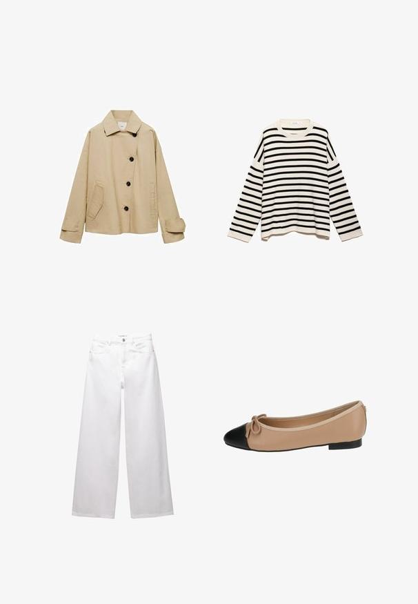Beige bomuldsjakke med bred krave, lange ærmer, sorte knapper og en forlomrom; afslappet pasform og minimale syninger.; Stripet pullovertrøje med et sort og creme mønster, lavet af tekstureret stof, med lange ærmer og en rund halsudskæring.; Hvide brede ben jeans lavet af denim. Har knaplukning, front- og baglommer samt syede sømme. Glat tekstur med minimal detaljering.; Ballet flade i beige læder med spids sort tå. Har en frontsløjfe detalje og en glat tekstur. Lav profil design med en gummisål.
