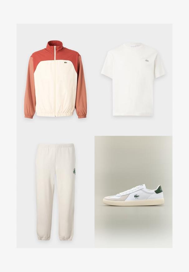 Krém színű szélállódzseki barna-piros ujjal, elöl cipzárral, magas gallérral, rugalmas mandzsettákkal és diszkrét logóval a mellen.; Fehér pamut póló rövid ujjakkal, diszkrét hímzett logóval és minimalista designnal. Puha tapintású, kerek nyakkivágású.; Világos bézs szabadidőnadrág, pamutból készült, rugalmas derékkal, bordázott mandzsettákkal, és zöld logóval, amely leveleket ábrázol, a bal lábon.; Fehér sportcipő zöld részletekkel, velúr és bőr anyagból, kerek orral, texturált talppal, és hímzett logóval az oldalon és a nyelvén.