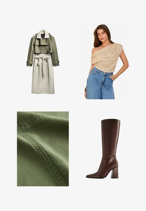 Khaki en beige trenchcoat met een dubbele knopenrij aan de voorkant, riem, kort bovenste gedeelte en epauletten. Gemaakt van een soepele stof.; Beige, off-shoulder top met gedrapeerde stof en lichte glans; gecombineerd met high-waisted, lichtgewassen denim jeans. Soepele textuur, relaxte pasvorm.; Next Jeansshort - khaki green; Bruine kniehoge leren laars met puntige neus en stevige hak van middelhoge hoogte, zijaanzicht op witte achtergrond.