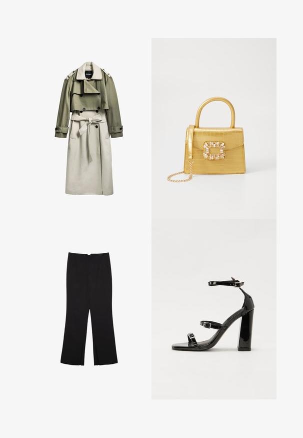 Khaki- ja beige-trenssitakki, jossa on kaksoisnappilista, vyö, lyhyt päällikerros ja olkatoppaukset. Valmistettu sileästä kankaasta.; Musta hihaton paita, joka on valmistettu puuvillasta, ja jossa on pyöreä kaula-aukko sekä leveät kainaloaukot. Silkkinen pinta ja ommellut reunat. Klassinen, minimalistinen muotoilu.; Mustat housut suoralinjaisella leikkauksella, joissa on etutaskut ja sivurei'ät helman alla. Valmistettu pehmeästä ja sileästä kankaasta. Sopii eri tilaisuuksiin.; Musta kiiltäväpintainen korkokengät, joissa on kaksi solkikiinnitystä, neliönmuotoinen kärki ja paksu korko, sileällä, kiiltävällä pintarakenteella.; Keltainen keinonahkainen krokotiililaukku, jossa on jämäkkä muotoilu, yläkahva, irrotettava ketjusanka ja koristeellinen kristallikoristelu lukossa.