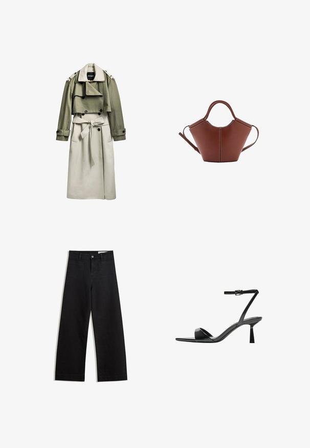 Kačkast i bež trench kaput s dvostrukim kopčanjem, remenom, skraćenom gornjom sloju i epauletima. Izrađen od glatkog materijala.; Svijetlosiva kratkotrajna majica s V-izrezom, izrađena od mekog materijala; ima opušteni kroj i čiste šavove bez uzoraka.; Crne široke traperice s visokim strukom, s prednjim i stražnjim džepovima, šivenim šavovima i kopčanjem na gumb. Glatka tekstura.; Bershka Sandale s visokom petom - black; Smeđa kožna torba koničnog oblika, čvrste ručke i kontrastnog bijelog šava. Sadrži odvojivi remen za rame radi svestranosti.