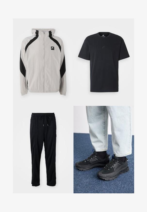 Chaqueta cortavientos gris claro con detalles en negro, cierre de cremallera y capucha. Presenta un logo de Nike y puños elásticos en las mangas.; Camiseta negra de algodón de Nike con un clásico cuello redondo, mangas cortas y un sutil logo en relieve en el pecho. Textura suave.; Pantalones casuales negros con cordón en la cintura, con bolsillos laterales y corte de pierna recta sobre un fondo liso.; Zapatillas deportivas negras con tejido texturizado y suelas de goma, con cordones elásticos y un acento azul en el talón. Combinadas con pantalones de mezclilla claros.