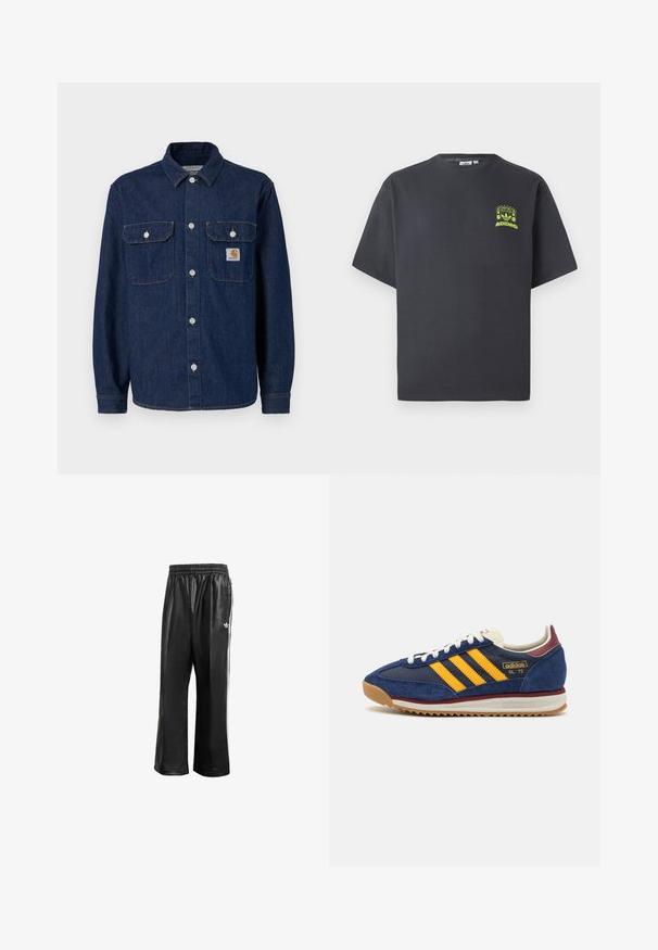 Denim srajca v temno modri barvi, s dolgimi rokavi, gumbom na sprednji strani, dvema žepoma na prsih in majhnim oznako blagovne znamke na levem žepu.; Črno-siva Adidas majica s kratkimi rokavi in majhnim neon zelenim grafičnim motivom z zvočniki, soncem in Adidasovim logotipom na levi strani prsnega koša.; Črne sintetične športne hlače z elastičnim pasom, z belimi stranskimi črtami in s majhnim belim logotipom na levem kolku.; Mornarsko modre suede teniske z rumenimi črtami, belimi vezalkami in burgundskimi poudarki. Teksturna podplat z utori za oprijem. Logotip blagovne znamke na strani.