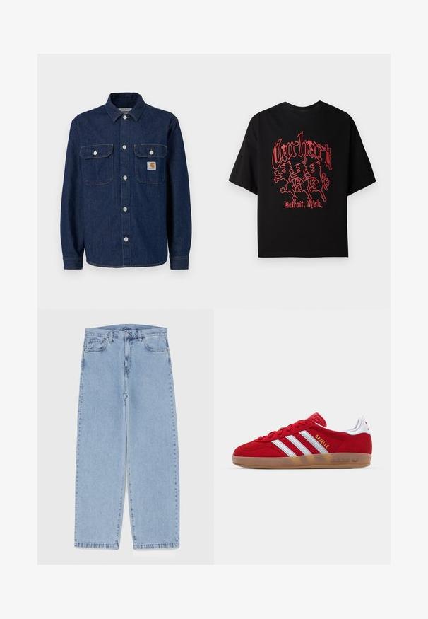 Traper košulja tamnoplave boje, s dugim rukavima, kopčanjem sprijeda, dva džepa na prsima i malom oznakom marke na lijevom džepu.; Crna majica s kratkim rukavima od pamuka, s hrabrim crvenim grafičkim dizajnom koji prikazuje tri figure lava i tekst "Carhartt, Detroit, Mich."; Svijetloplave traperice s ravnim nogavicama, sa srednjim strukom, pet džepova i zatvaranjem na dugme i patentni zatvarač.; Crvene nubuk tenisice s bijelim dizajnom tri pruge i zlatnim natpisom "Gazelle". Sadrže gumeni potplat i teksturiranu petu.