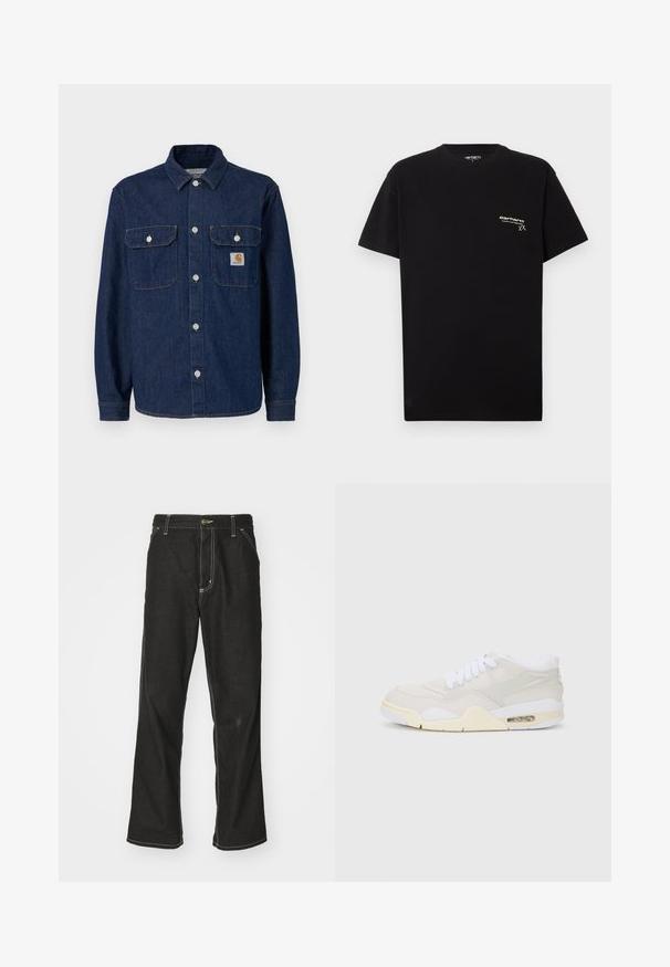 Mørkeblå denimskjorte med lange ermer, knappestolpe foran, to brystlommer og en liten merkepute på venstre lomme.; Svart bomull T-skjorte med korte ermer, rund halslinkning og en liten hvit logo trykket på venstre brystområde.; Svarte denimbukser med løs passform, med kontrastfylt hvit søm, knappelukking og rett ben-design.; Sko med lyst beige syntetisk overdel, hvite lisser og synlig demping. Har en jevn såle og subtile sideakenter.