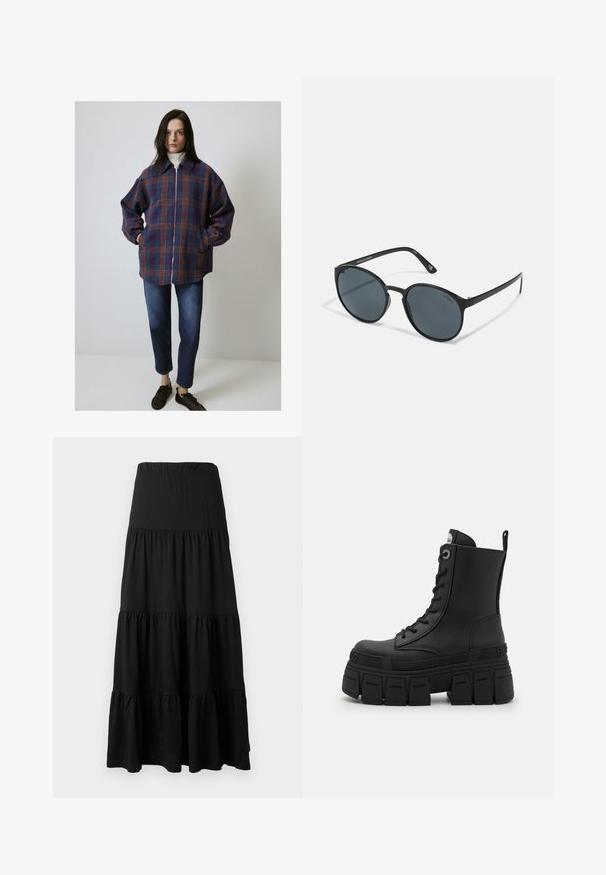 Geruite jas in paars, blauw en oranje, met een ritssluiting, lange mouwen en zijzakken. Gecombineerd met donkere jeans en bruine sneakers.; Zwarte langemouwen prestatie-top met hoge hals, stretchstof en contrasterende grijze lijnpatronen met het "MISBHV"-logo aan de voorkant.; Zwarte maxi rok van zacht materiaal, met een gelaagd ontwerp, een elastische tailleband en gerimpelde accenten aan de zoom.; Buffalo GOSPHER LACE UP MID - Veterboots - black; Ronde zwarte zonnebrillen met donkere glazen, gemaakt van plastic. Slanke veren met branding aan de zijkant, met een gladde textuur en subtiele accenten.