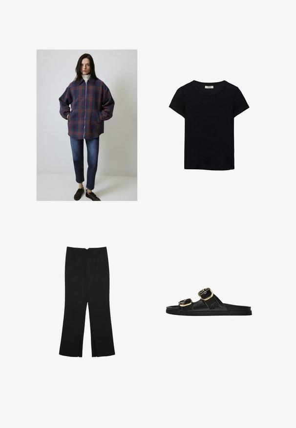 Giacca a quadri in viola, blu e arancione, con zip, maniche lunghe e tasche laterali. Abbinata a jeans scuri e sneakers marroni.; T-shirt nero a maniche corte realizzato in tessuto morbido. Presenta un classico collo rotondo e una vestibilità rilassata. Nessun motivo o accento visibile.; Pantaloni neri a gamba dritta, con tasche frontali e spacchi laterali all'orlo. Realizzati in tessuto morbido e liscio. Adatti a diverse occasioni.; Infradito neri con due accenti di fibbia dorata, materiale dalla texture liscia, suola piatta e design minimalista.
