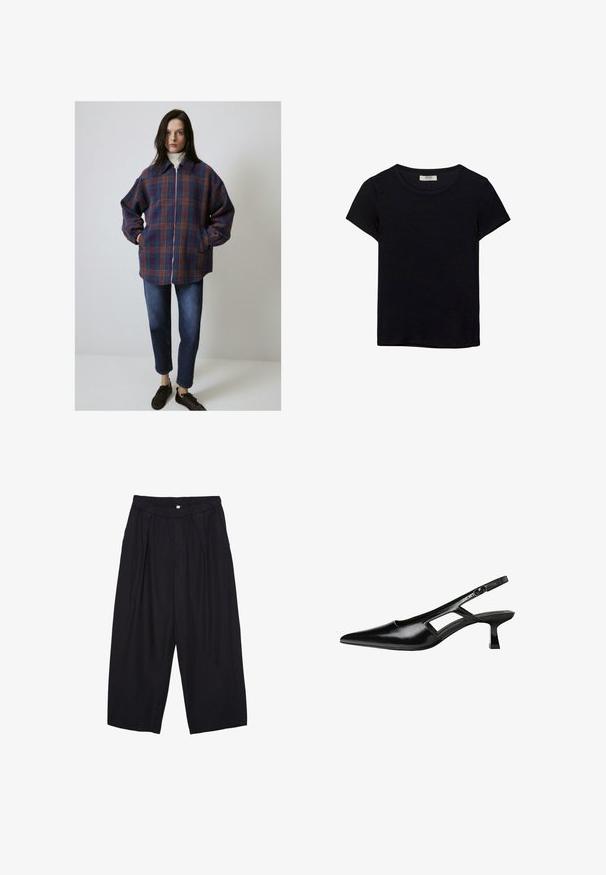 Kostkovaná bunda v purpurové, modré a oranžové barvě, se zipem, dlouhými rukávy a bočními kapsami. Kombinováno s tmavými džíny a hnědými teniskami.; Černé tričko s krátkým rukávem vyrobené z měkké látky. Má klasický kulatý výstřih a volný střih. Žádné vzory nebo akcenty nejsou viditelné.; Černé polyesterové culotte kalhoty s elastickým pasem, dvěma předními sklady a volným siluetou. Žádné viditelné vzory ani kovové detaily.; Černé lakované lodičky na podpatku se špičatou špičkou, výřezovým designem na boku a malým čtvercovým podpatkem. Hladká textura s minimálními akcenty.