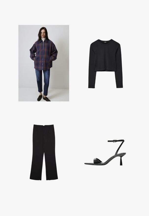 Skakjacket i lilla, blå og orange, med lynlås, lange ærmer og sidelommer. Baret med mørke jeans og brune sneakers.; Sort langærmet cropped top med rund halsudskæring, ensfarvet design og let buet kant.; Sorte bukser med lige pasform, der har frontlommer og slidser i kanten. Lavet af blødt, glat stof. Velegnet til forskellige anledninger.; Bershka Højhælede sandaletter / Højhælede sandaler - black