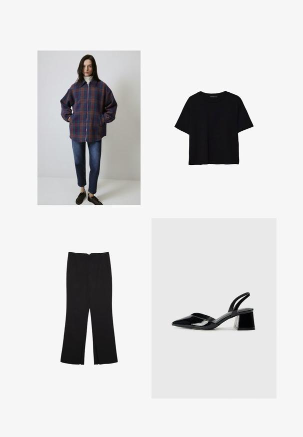 Rutig jacka i lila, blå och orange, med dragkedja, långa ärmar och sidfickor. Matchad med mörka jeans och bruna sneakers.; Svart kortärmad croppad t-shirt med rund halsringning och enkel design, ligger platt på vit bakgrund.; Svarta byxor med rak passform, utrustade med framfickor och sidoklyvningar vid fållen. Tillverkade av mjukt, slätt tyg. Lämpliga för olika tillfällen.; Svarta lackläder slingback klackar med spetsig tå och geometrisk klack. Har en elegant, minimalistisk design och slät yta.