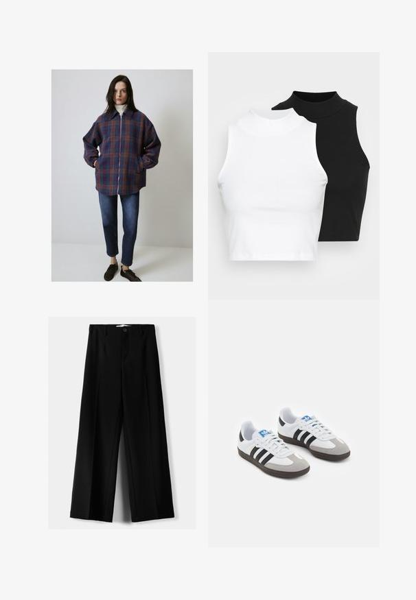 Geruite jas in paars, blauw en oranje, met een ritssluiting, lange mouwen en zijzakken. Gecombineerd met donkere jeans en bruine sneakers.; Twee mouwloze ribgebreide coltruien in zwart en wit, met een slim fit ontwerp en een gladde textuur, met een cropped lengte.; Zwarte wijde broek van lichtgewicht stof, met een knoopsluiting aan de voorkant en een vlakke achterkant, afgewerkt met keurig gestikte zoom.; Sportschoenen met een witte leren bovenkant, grijze suède neus en drie zwarte strepen. Bevat een blauw logo op de tong en een gestructureerde rubberen zool.