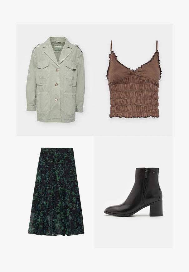 Gaiši zaļa kokvilnas jaka ar apkakli, četriem priekšējiem kabatām, pogu aizdari un plecu epauletiem. Iespējo relaksētu piegriezumu un tekstūrētu audumu.; Brūns īss tops no mīkstas auduma, ar širēta dizaina detaļām, regulējamām siksnām un viļņotiem malām ar melniem papildinājumiem.; Melnā svārku ikona ar zaļiem ziedu rakstiem, kas piedāvā volānu maliņas un krokojumus. Izgatavota no viegla auduma, nodrošinot plūstošu siluetu.; Melnas potītes kurpes, izgatavotas no gludas ādas, ar sānu rāvējslēdzēju. Tām ir smaila purngala forma un teksturēts blokveida papēdis stabilitātei.