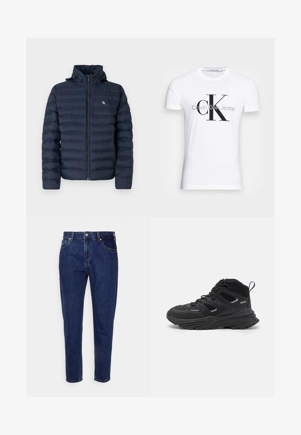 Navy blue puffer jacket with quilted design, full zipper, and hood. Features a small logo on the chest and textured fabric.; White cotton t-shirt featuring a black "CK" logo and "Calvin Klein Jeans" text, short sleeves, and a classic round neckline.; Dark blue denim jeans with a straight-leg design, five pockets, and a button-fly closure. Features subtle fading and stitch detailing.; Black hiking shoes featuring a layered design, textured fabric, and rubber sole, with reinforced areas and a lace-up front.