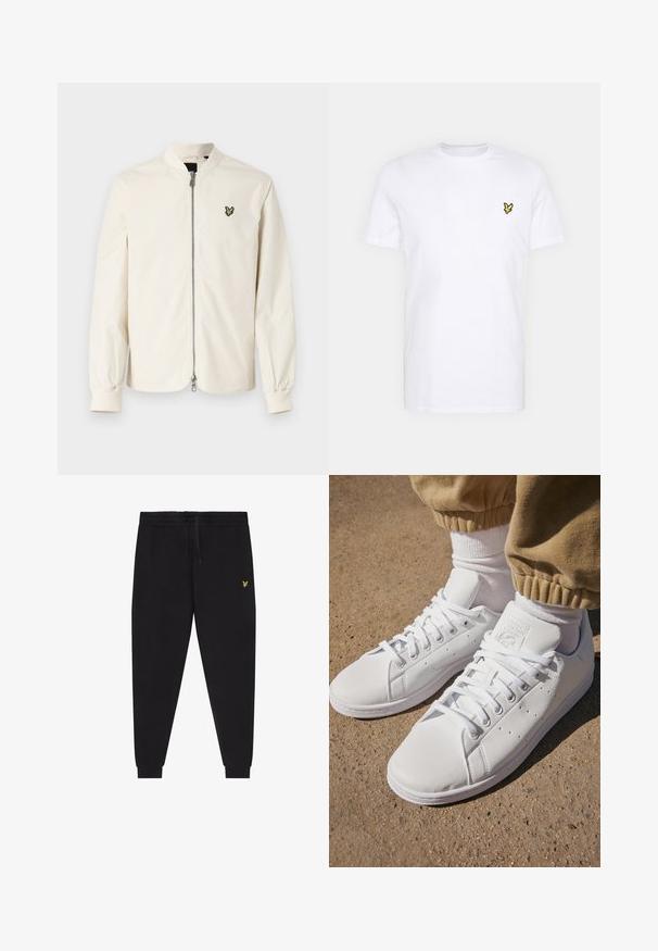 Biely bomber jacket so zapínaním na zips, rebrovanými manžetami a malým zeleným logom na hrudi. Hladká tkanina s ľahkým pocitom.; Biela bavlnená tričko s malým vyšívaným logom čiernej a žltej farby na pravej strane hrude. Krátke rukávy a okrúhly výstrih.; Čierne jogger nohavice s elastickým pásom a šnúrkou, zúžené nohavice so lemami a malým žltým vyšívaným logom na pravom stehne.; Biele kožené tenisky s hladkým povrchom, disponujú klasickým šnurovacím dizajnom, perforáciami na priedušnosť a textúrovanou gumovou podrážkou.