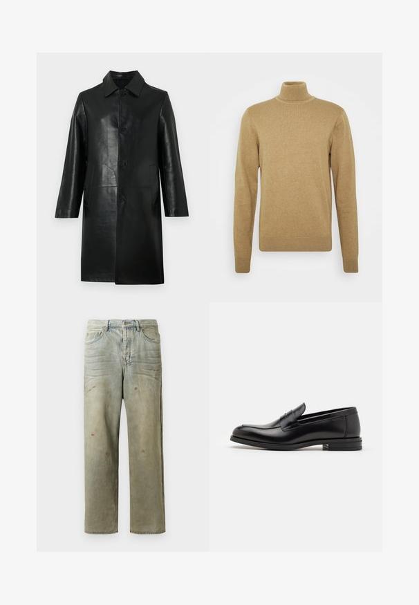 Musta polvipituinen nahkatakki, jossa pitkät hihat, terävä kaulus, nappikiinnitys edessä ja sivutaskut, yksinkertaisella vaalealla taustalla.; Beige turtleneck-neule, joka on valmistettu pehmeästä neulosmateriaalista. Ominaisuuksiin kuuluvat pitkät hihat ja tiukka muotoilu. Ribperoitu helma ja kauluskoristeet.; Vaaleanvihreät kulutetut farkut suoran lahkeen, viiden taskun muotoilun ja epätasaisen haalistumisen sekä maalikohoumiin kanssa.; Mustat nahkakengät, joissa on sileä pinta, pyöreä kärki ja koristeellinen nauha jalkapöydän yli. Matala pinoitu koroke, minimalistinen muotoilu.