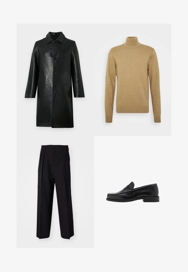Cappotto nero in pelle alla lunghezza del ginocchio con maniche lunghe, colletto appuntito, bottoni frontali e tasche laterali su sfondo chiaro uniforme.; Maglione a collo alto beige realizzato in morbido tessuto knit. Presenta maniche lunghe e una vestibilità aderente. Dettagli a coste su orlo e colletto.; Pantaloni neri a pieghe con un design dritto e gamba larga. Realizzati in tessuto morbido, con chiusura a bottone e passanti per cintura.; Mocassini in pelle nera con una finitura liscia, dettagli cuciti sulla punta e un design a tacco basso per comfort e stile.