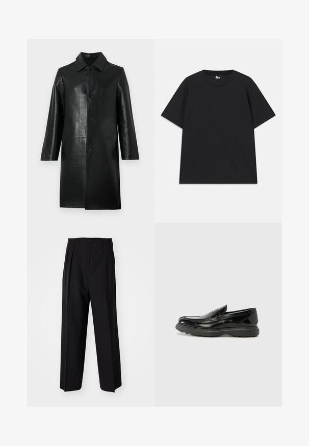 Črni usnjeni plašč dolžine do kolen z dolgimi rokavi, špičastim ovratnikom, gumbi spredaj in stranskimi žepi na enobarvnem svetlem ozadju.; Črn kratkosleeven majica iz bombaža, z okroglim izrezom in majhnim logotipom pri robu. Gladka tekstura, običajen kroj.; Črne nabirane hlače s ravnim, širokim krojem. Narejene so iz gladkega materiala in imajo zadrgo ter pasne zanke.; Črne usnjene loafer čevlje z sijajno obdelavo, okroglo špico, subtilnimi šivi in debelim gumijastim podplatom za trajnost.