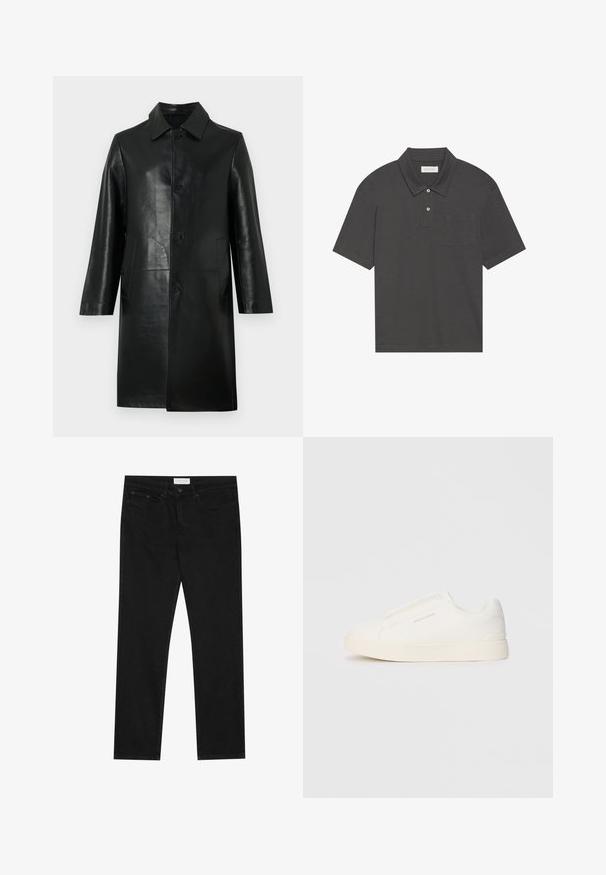 Casaco de couro preto até ao joelho com mangas compridas, gola apontada, botões frontais e bolsos laterais, sobre um fundo claro simples.; Polo cinza escuro com colarinho tradicional, pala de três botões, mangas curtas e um bolso no lado esquerdo do peito. Textura do tecido suave.; Jeans pretos de perna reta com design de cinco bolsos, fecho com botão e zíper, e uma etiqueta da marca Pier One na cintura.; Sapatilhas brancas de atacar com uma superfície texturizada, sola grossa e design minimalista. Possui o logo da marca na lateral.