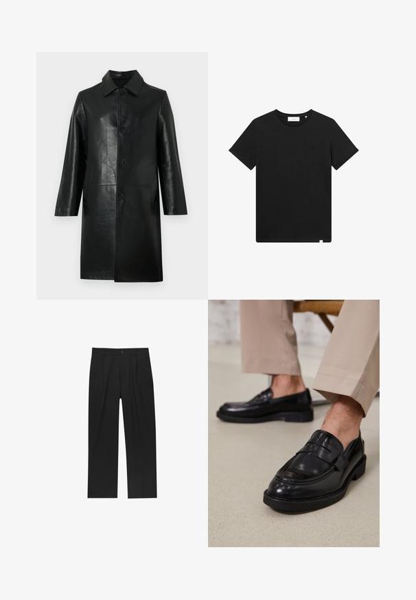 Černý kožený kabát délky ke kolenům s dlouhými rukávy, špičatým límcem, předními knoflíky a bočními kapsami na jednobarevném světlém pozadí.; Černé tričko s krátkým rukávem vyrobené z bavlny, s kulatým výstřihem a malým vyšitým logem na hrudi. Hladká textura, standardní střih.; Černé kalhoty s rovnými nohavicemi, vyrobené z hladké tkaniny. Mají přední záhyby a jedno knoflíkové zapínání v pase.; Černé kožené loafers s hladkým povrchem, zdobené páskem a kontrastním prošíváním, spárované s béžovými kalhotami.