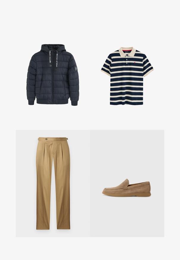 Granatowa ocieplana kurtka z kapturem, z pionowym pikowanym wzorem, dwiema przednimi kieszeniami na zamek, prążkowanymi mankietami oraz logo na kapturze.; Koszulka polo z krótkim rękawem w granatowo-kremowe paski, z kołnierzykiem, trzema guzikami oraz czerwoną aplikacją logo na piersi. Materiał bawełniany.; Beżowe spodnie o prostym kroju, z zakładkami, zapięciem na guzik i szlufkami na pasek. Gładka tkanina o czystym, dopasowanym wyglądzie.; Brązowe zamszowe mokasyny wsuwane o gładkiej fakturze i przeszyciach; mają gumową podeszwę zapewniającą przyczepność.