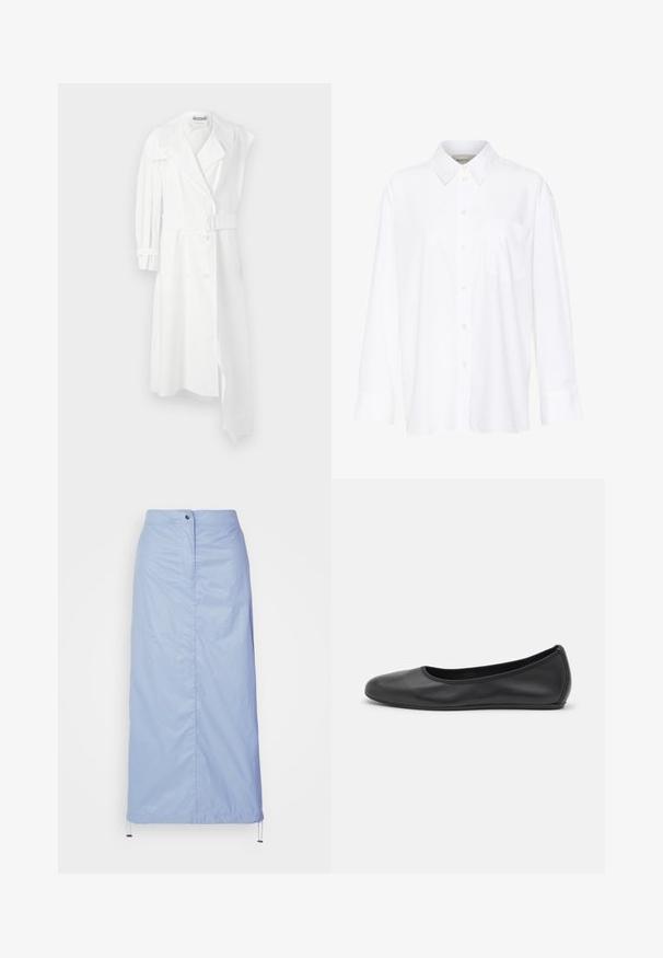 Fehér trench coat dupla soros gombolással elöl, övvel megkötve a deréknál, széles gallérral és egy hosszú ujjal. Simább anyagú befejezéssel rendelkezik.; Fehér, hosszú ujjú, galléros ing, amely pamutból készült. Gombos elülső része és egyetlen mellzsebe van. Simított textúra, laza szabás.; Világoskék, közepes hosszúságú, sima, könnyű anyagból készült szoknya, egyenes szabással, elülső gombos zárással és húzózsinórral rendelkezik az alsó szegélyén.; Fekete bőr balettcipő lekerekített orral, sima tekstúrával, minimális varrással és rugalmas talp kialakítással.