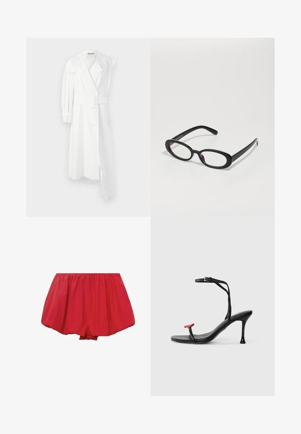 Biała trenczowa kurtka z podwójnym zapięciem, paskiem w talii, szerokim kołnierzem i jednym długim rękawem. Charakteryzuje się gładkim wykończeniem materiału.; Ciemnoniebieska spódnica z denimu o rozkloszowanym kroju, z pionowymi szwami i gładką fakturą. Brak widocznych elementów metalowych lub zdobień.; Czerwone, lekkie szorty z elastycznym pasem. Charakteryzujące się luźnym, rozkloszowanym fasonem oraz marszczonym materiałem, zapewniającym swobodny krój.; Czarny sandał na obcasie z cienkim zapięciem na kostce i czerwoną akcentem na palcach. Charakteryzuje się smukłym wzornictwem i błyszczącym wykończeniem oraz szpilką.; Owalne czarne okulary z przezroczystymi soczewkami, o gładkim wykończeniu i szerokich zausznikach. Soczewki mają subtelny fioletowy odcień. Logo po boku.