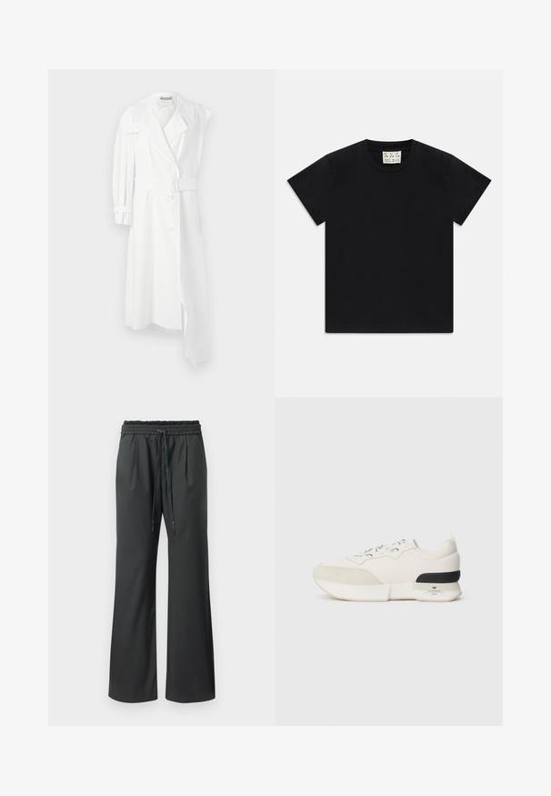 Baltas tranšėjos paltas su dvigubai priekiniais sagomis, diržu liemens srityje, plačiu apykakle ir viena ilga rankove. Paltas pasižymi glotnaus audinio apdaila.; Juodas trumpomis rankovėmis marškinėliai su apvaliu kaklu, vidinėje apykaklės pusėje yra balta etiketė su užrašu "D.R.C. EST. 2002" ant balto fono.; Juodi platūs kelniai su elastine juosta ir ilgais raišteliais, rodomi ant paprasto balto fono.; Balti sportiniai bateliai su tekstūruotu zomšiniu priekiu, sklandžiu tinkliniu viršumi, dekoratyviomis raištelėmis ir juodu guminiu kulno akcentu.