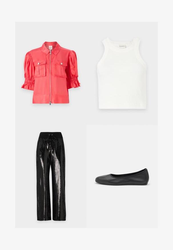 Coral satin shirt jacket with a collared neckline, zip closure, puffed short sleeves, and two chest pockets with button details.; White ribbed tank top with wide shoulder straps and a fitted silhouette. Features a small embossed logo near the hem.; Black sequined pants with a wide-leg cut and elastic waistband featuring a drawstring. The fabric has a reflective, shiny texture.; Black leather ballet flat with a rounded toe, smooth texture, minimal stitching detail, and a flexible sole design.